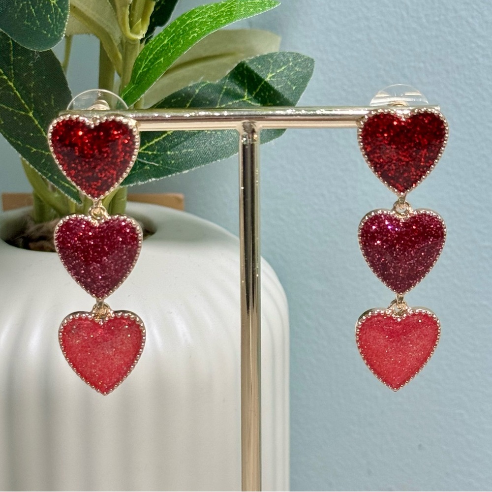 Glitter Heart Drop Earrings - Red and Pink